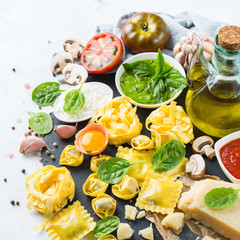 Fototapeta na wymiar Italian food and ingredients, ravioli pasta tortellini pesto tomato sauce
