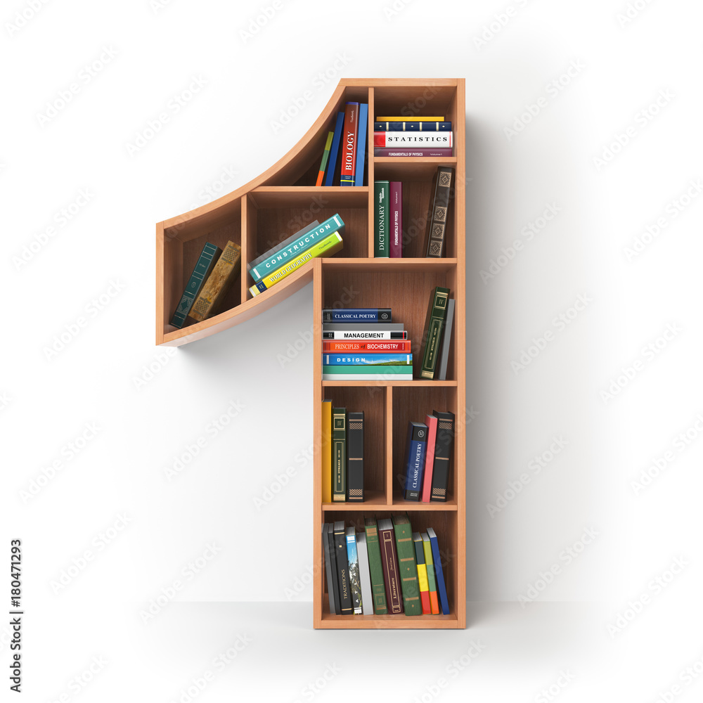 Poster number 1 one. alphabet in the form of shelves with books isolated on white.