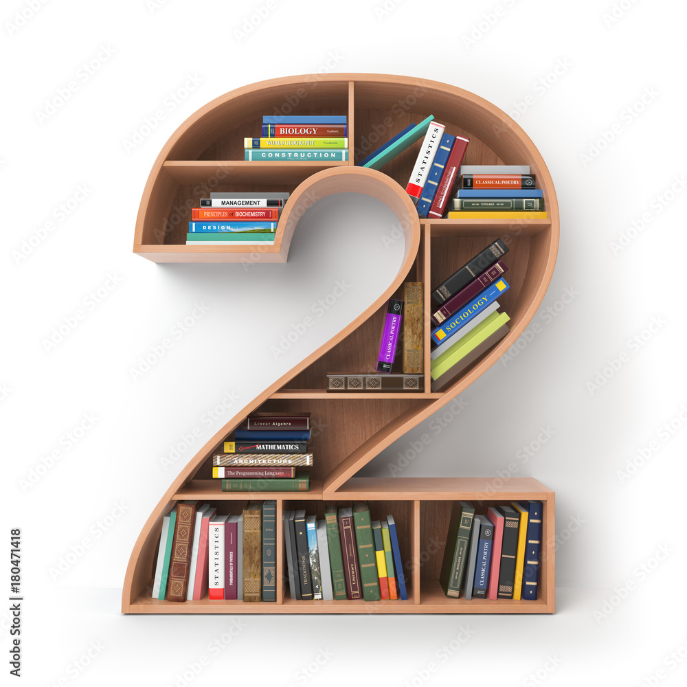 Poster number 2 two. alphabet in the form of shelves with books isolated on white.