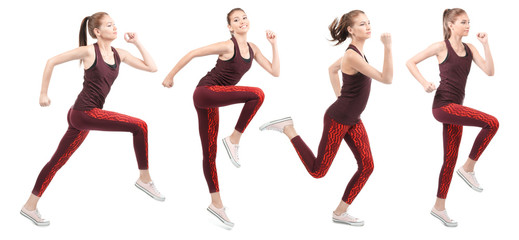 Collage with running woman on white background