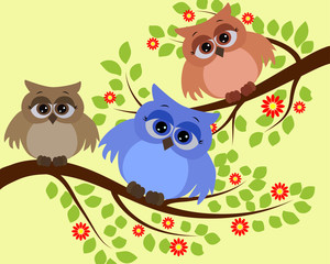 Bright cute cartoon owls sit on the flowering branches of fantastic trees