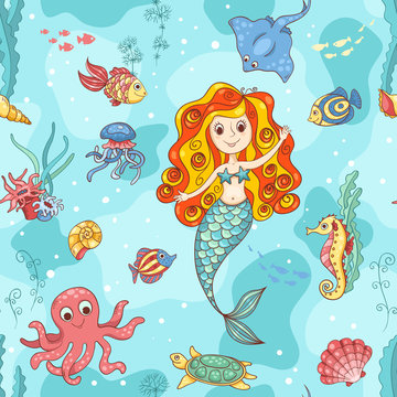 Seamless pattern with red mermaid