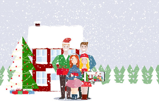 Friends of a woman and a man are standing near to a Christmas tree and house and taking a photo in the phone. Four people. People outdoor. Christmas party. New Year party. Vector illustration.
