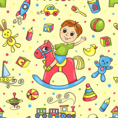 Cute hand-drawn vector seamless pattern with toys