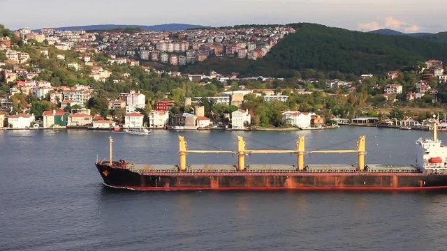 Large cargo ship with deck cranes sailing in straits flowing water. A 186 mt long, 30 mt width vessel has a deadweight of 45,706 tons. Bulk carrier cargo ship sailing close to the shore