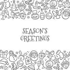Christmas greeting icons isolated on white background. Doodle outline ornamental design elements. Vector illustration.