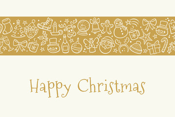 Christmas greeting card. Golden banner with hand drawn white outline design elements. Vector illustration.