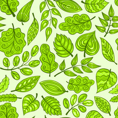Cartoon hand-drawn seamless pattern with spring leaves