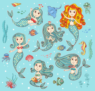 Cute vector set with mermaids