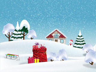 Happy New Year and Merry Christmas. Christmas winter landscape. Vector illustration.