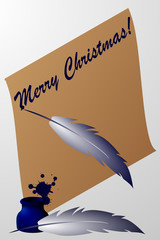 Merry Christmas! - scroll with feather pen and ink  - vector, Letter,  Vellum or papyrus, 