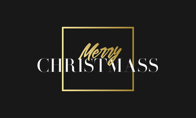 Merry Christmas phrase in frame. Luxury black and golden color background. Premium vector illustration with typographic text for winter holidays card poster, flyer or banner template