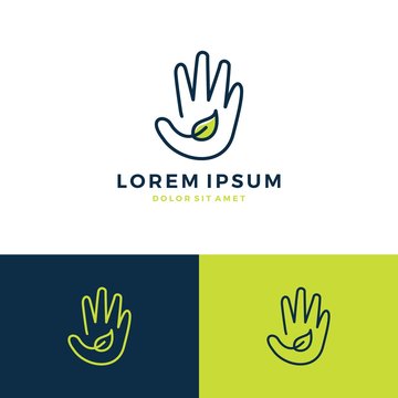 Hand Leaf Logo Vector Line Art