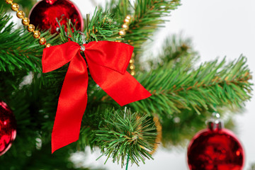 Christmas tree with ornaments, close-up