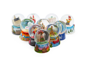 Snow globe travel souvenier destination isolated on white background