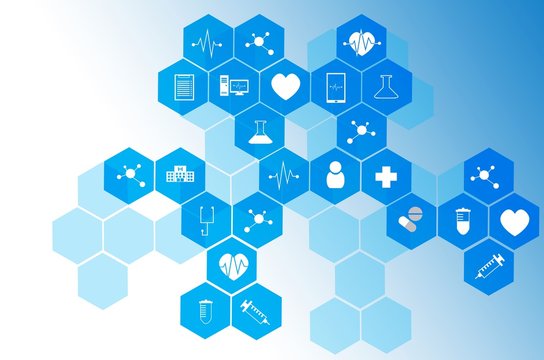 Medical Icon In Hexagonal Shaped Pattern Background, Science, Health Care And Medical Technology Concept, Blue Color Tone