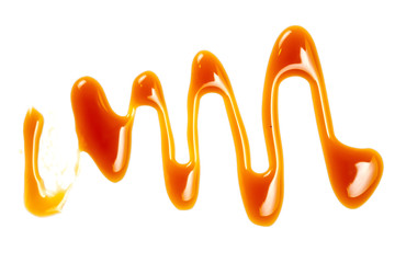 Pouring caramel sauce isolated on white background. Golden Butterscotch toffee caramel liquid .