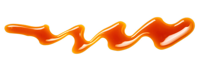 Flowing Sweet caramel sauce isolated on white background. Golden Butterscotch toffee caramel liquid...