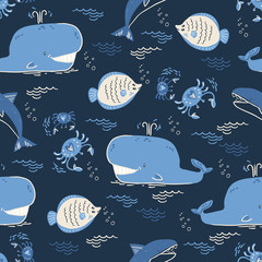 Vector doodle illustration. North sea. Scandinavian style. Seaml