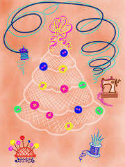 Colorful hand drawn silhouette of Christmas tree with abstract garland from buttons and sewing details as machine, ball of thread and needle with cotton. Illustration painted by watercolor and pencil