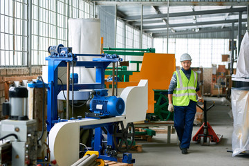 Full length portrait of male worker wearing hardhat pulling empty cart in industrial workshop of modern factory, copy space