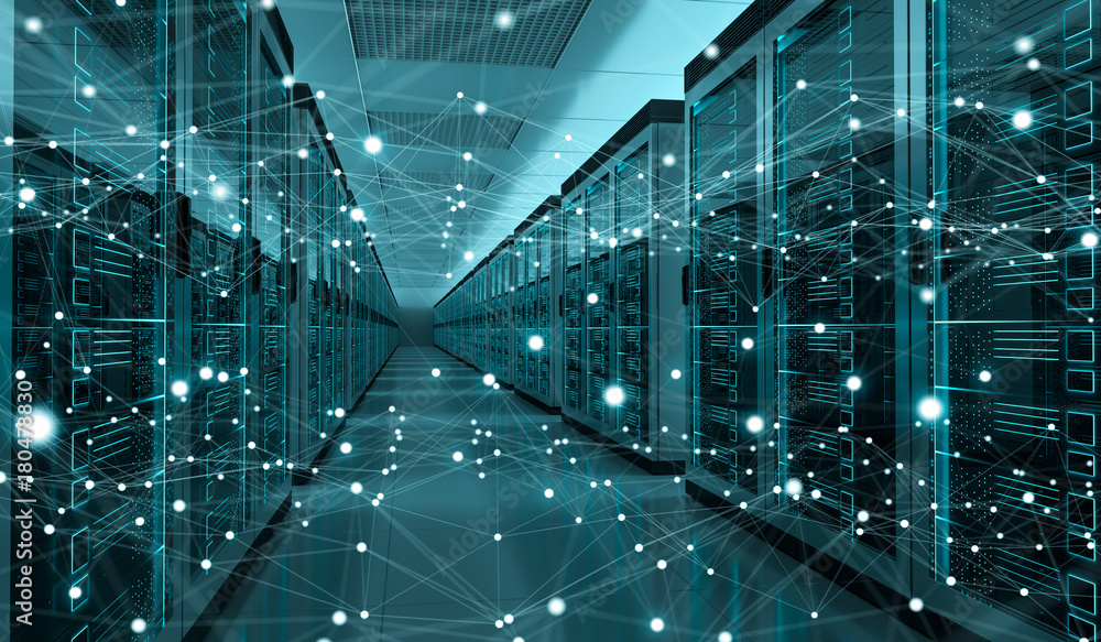 Poster Server room center exchanging cyber datas 3D rendering