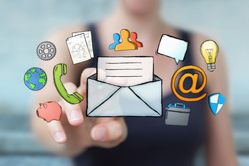 Businesswoman touching and holding manuscript contact icon