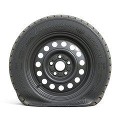 Punctured black car wheel isolated on white background