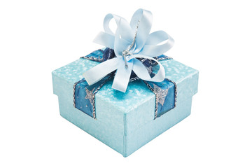 blue gift box with gold and red ribbon bow, isolated on white background with clipping path