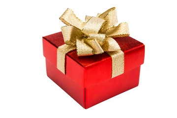 christmas red gift box with gold ribbon bow, isolated on white background with clipping path