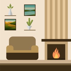 Flat Design Fireplace Room With Sofa Vector Illustration