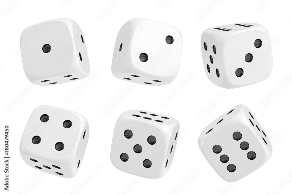 Fototapete 3d rendering of a set of six white dice with black dots hanging in half turn showing different numbe