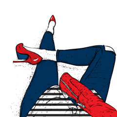Slender female legs in tight trousers and stylish shoes. Selfy. Vector illustration for a postcard or a poster, print. Clothes and accessories. Fashion & Style.