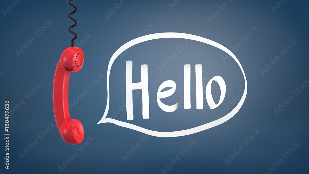 Poster 3d rendering of a red retro phone receiver hangs down from a cable near a speech bubble with a word 