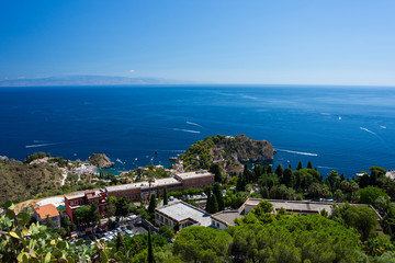 panorama of the coast of Ionian sea from greek theater in Taormina  in a summer day,sicily ,Italy