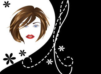 Girl face on black and white background, vector