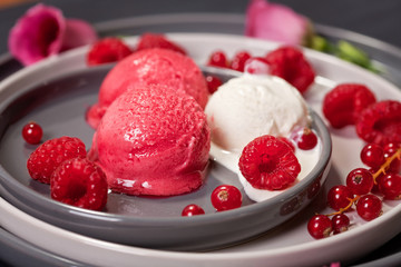 Bright ice cream scoops with fruits