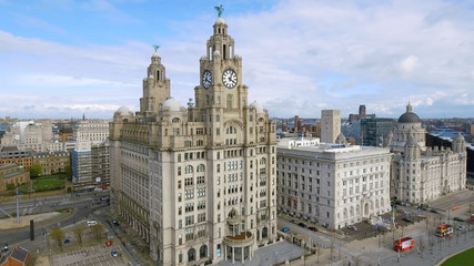 Fototapeta na wymiar Aerial View Of Liverpool Town Hall Cityscape with Historic Iconic Royal Liver Building Clock Tower in England UK