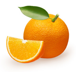 Whole fresh orange fruit with green leaf and slice