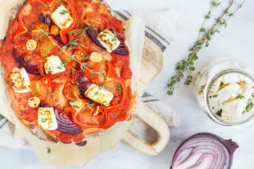 Homemade vegetarian pizza with cheese feta.