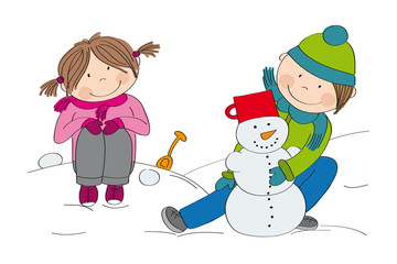 Cute little children (boy and girl) making a snowman, playing in the snow - winter scene - original hand drawn illustration