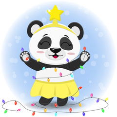 Panda in a yellow skirt and a star on his head is standing and holding a Christmas tree garland.
