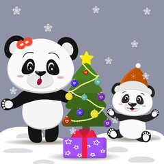 Panda with bow and panda kid in santa cap near New Year's tree and box with gift.