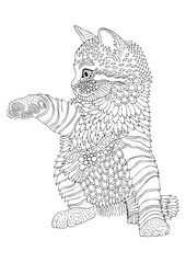 Hand drawn kitty. Sketch for anti-stress adult coloring book in zen-tangle style. Vector illustration  for coloring page.