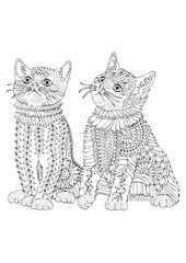 Hand drawn two kittens. Sketch for anti-stress adult coloring book in zen-tangle style. Vector illustration  for coloring page.