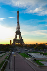 Eiffel Tower from Gardens of the Trocadero at sunrise, Paris France