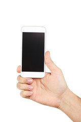Male hand holding smartphone on white background