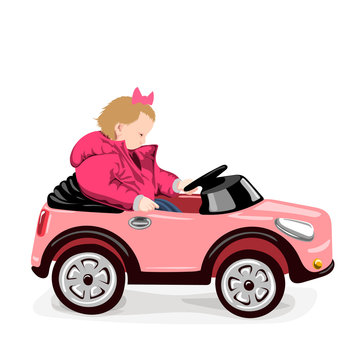 vector illustration with girl in a red jacket sitting in a pink toy car