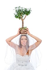 A bride with a money tree on his head.