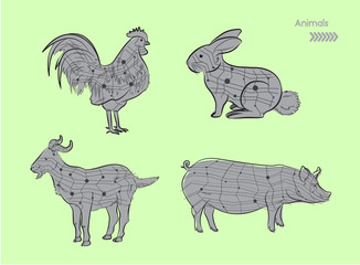 Farm Animals Geometric Line Art Vector Set